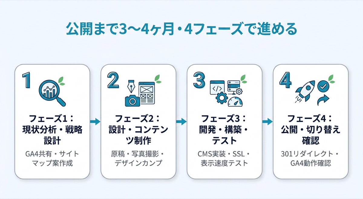 公開まで3〜4ヶ月・4フェーズで進める